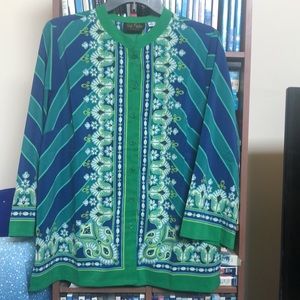 Bob Mackie Wearable Art Green & Blue Print Blouse Sz M